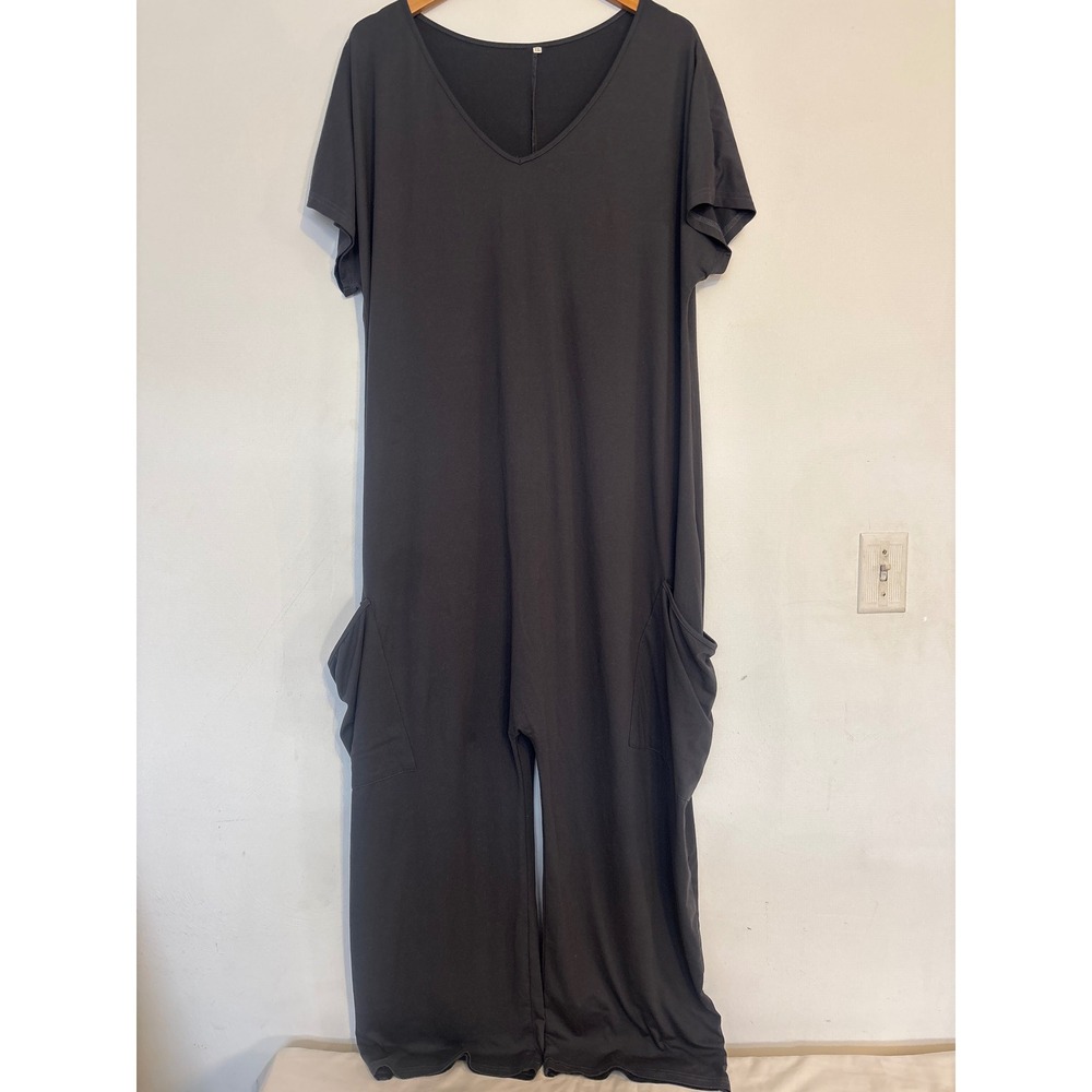 Charcoal Gray V-Neck Harem Jumpsuit Short Sleeve Wide Leg Pocketed XXL